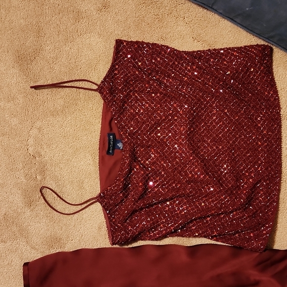 3 piece Ann Taylor burgundy silk skirt size 8, sequin top size 10 & handbag - Picture 2 of 10